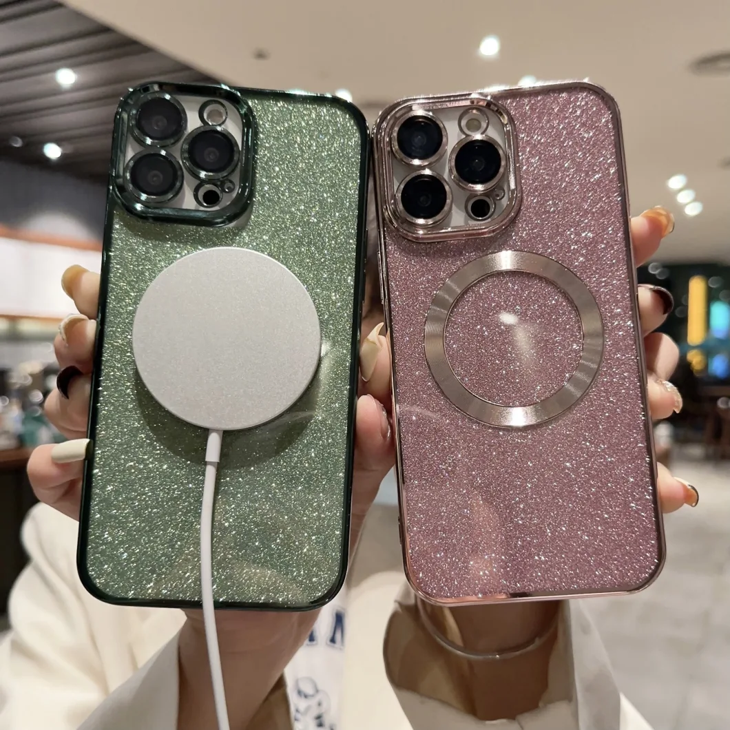 New Luxury Transparent Flash Powder Magnetic Mobile Phone Case Lens Protection for iPhone 11 12 13 14 PRO Max with Wireless Charging